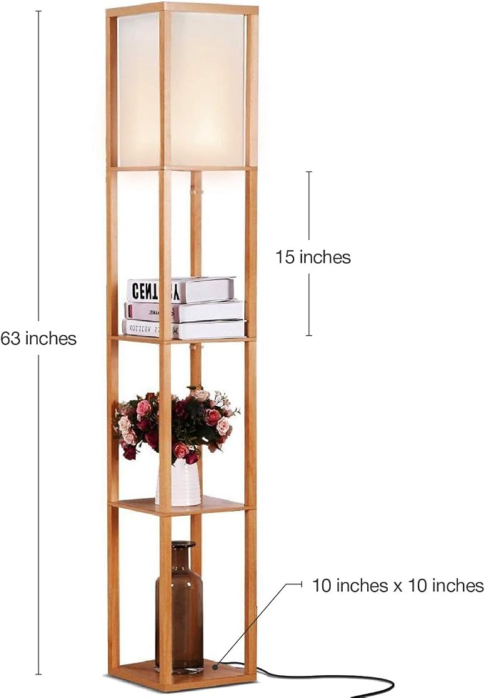 Brightech Maxwell - Modern Shelf Floor Lamp with Lamp Shade & Warm White LED Bulb, Corner Display Floor Lamp with Shelves for Living Room, Bedroom, Nightstand Office, Home Decor Storage - Natural Wood