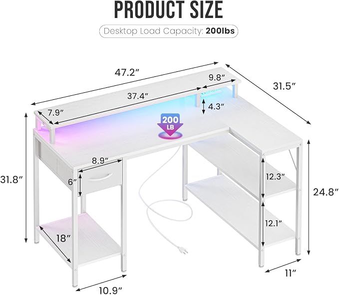 DUMOS 47 Inch Gaming Desk, Monitor Stand, LED Lights, Storage Shelves | USB Charging Ports, Power Outlets, Reversible L Shaped Corner, Small Spaces, White