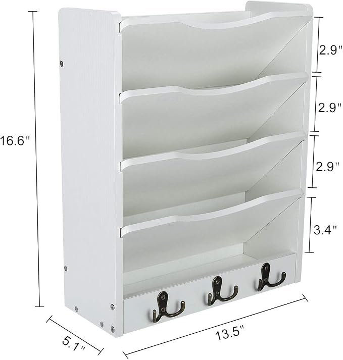 5-Tier Wall File Holder Hanging Mail Organizer Wood Magazine Literature Rack with 6 Hooks, White