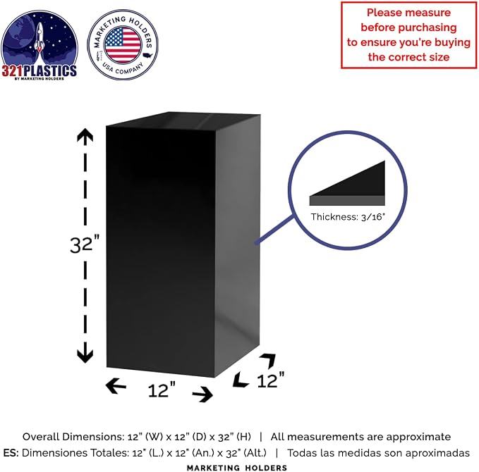 Marketing Holders 2 Pack Acrylic Display Riser Box Tall Pedestal Stand No Lids Art Glossy Black 12" x 12" x 32" Event Flower Arrangement Plant Stand Retail Product Riser