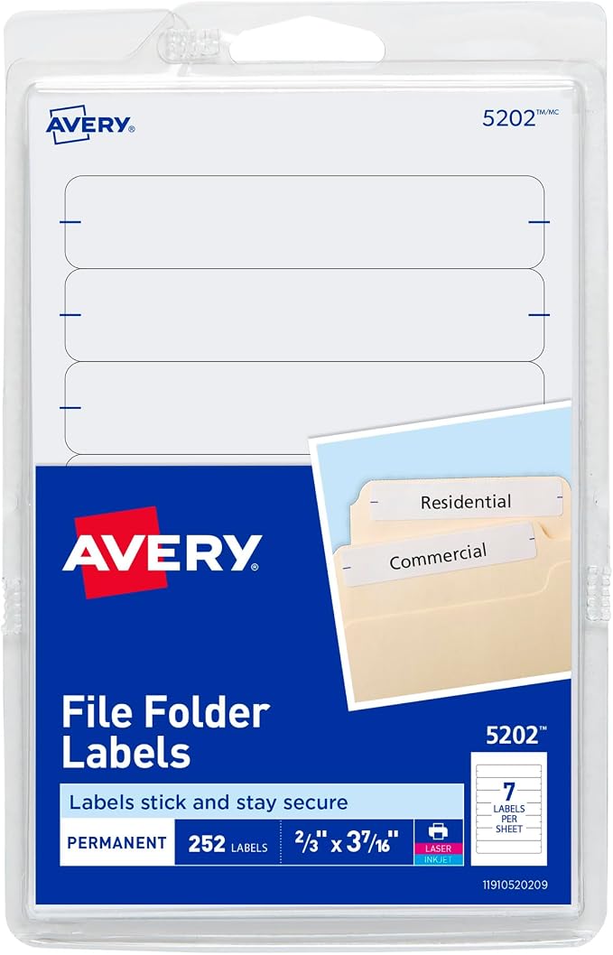 Avery® File Folder Labels on 4" x 6" Sheets, Easy Peel®, White, Print & Handwrite, 2/3" x 3-7/16", 252 Labels (5202)