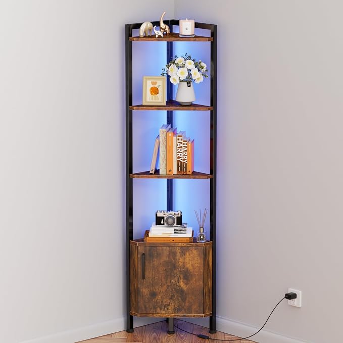 Corner Shelf Cabinet,Corner Bookshelf with Storage and LED Light | 62.8”Tall Wall Shelf Unit,Rustic Wood Display Shelves for Bedroom,Living Room,Kitchen,Metal Frame,Easy to Assemble
