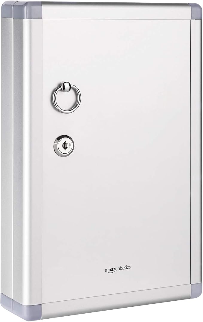 Amazon Basics Cabinet Key lock Box, Silver, 12.5"D x 8.5"W x 2.45"H | 24-Key Position