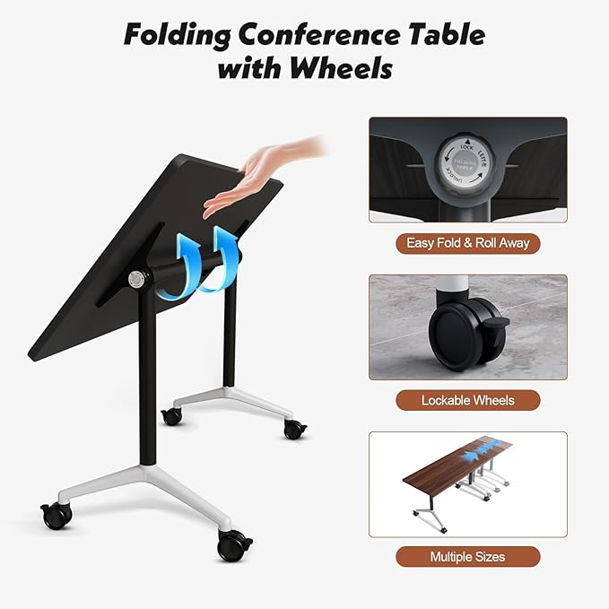 Goakwwuz Conference Room Table, Folding Conference Tables,Thicken Grey Tabletop,Flip Top Wooden Seminar Meeting Room Table for Conference Room Offices (6, Walnut, 70.8”)