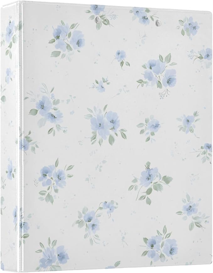3 Ring Binders Blue Flowers Floral 1.5 Inch Round Ring Binders with Pockets Decorative Clipboard Binder Holds 200 Sheets View Binder for Home School Office,1 Pack