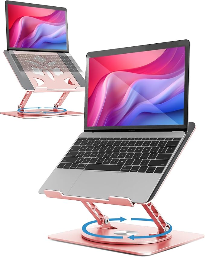 Aoviho 360° Rotating Laptop Stand for Desk | Adjustable, Foldable, Portable Aluminum Ergonomic Riser | Compatible with MacBook, Dell, HP & All Laptops 10-16 inch | Rose Gold
