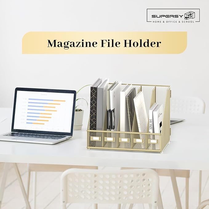 Desk Organizers Metal Desk Magazine File Holder with 5 Vertical Compartments Rack File Organizer for Office Desktop, Classroom, Home Workspace, Golden Yellow