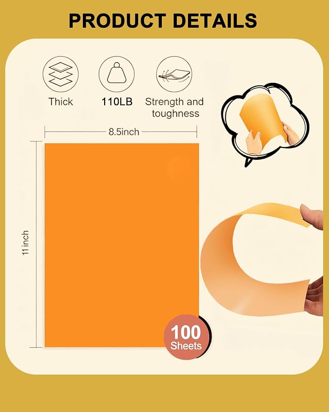Veritas Orange Colored Cardstock, 8.5" x 11" Colored Card Stock, 110LB/199GSM Printer Paper, 100 Sheets, Colored Multi-Purpose Paper, for Inkjet & Laser Printing, Invitations,Art Projects & Crafts