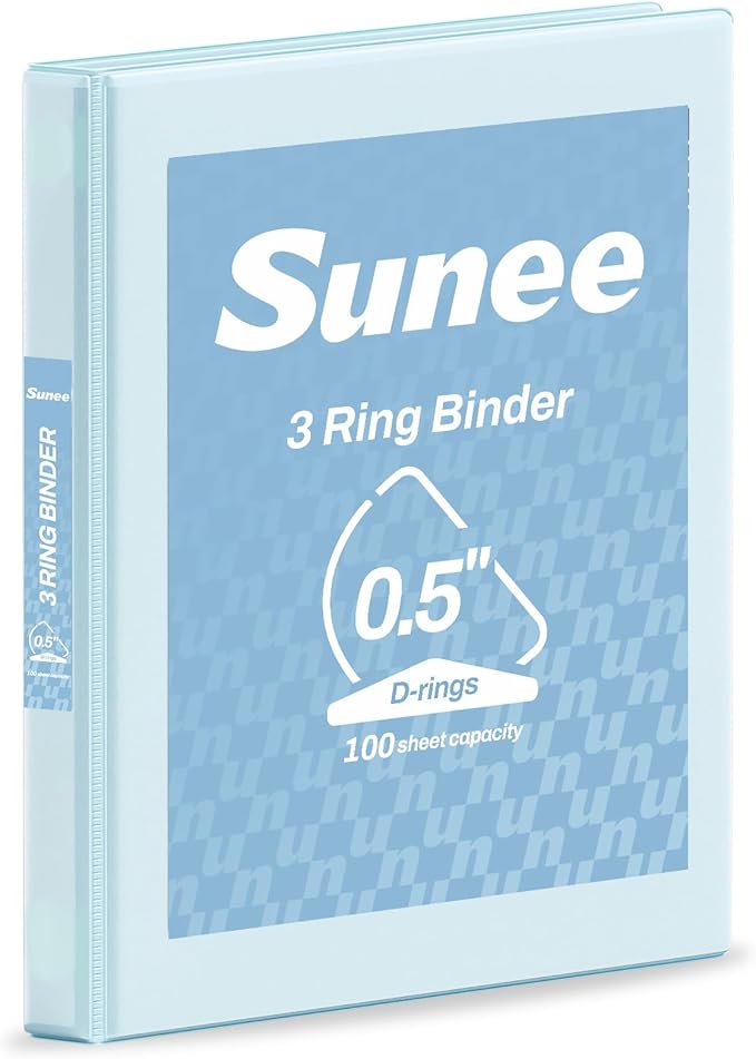 SUNEE 3 Ring Binder 1/2 Inch D Ring, Clear View Binder Three Ring PVC-Free (Fit 8.5x11 Inches) for School or Office Supplies, Pastel Blue, 1 Pack