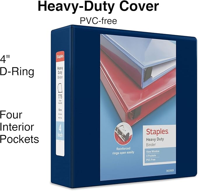 Staples Heavy‑Duty View Binder, 4" D‑Ring, Navy Blue, Reinforced Spine, High‑Capacity 3‑Ring Binder for School & Office Organization