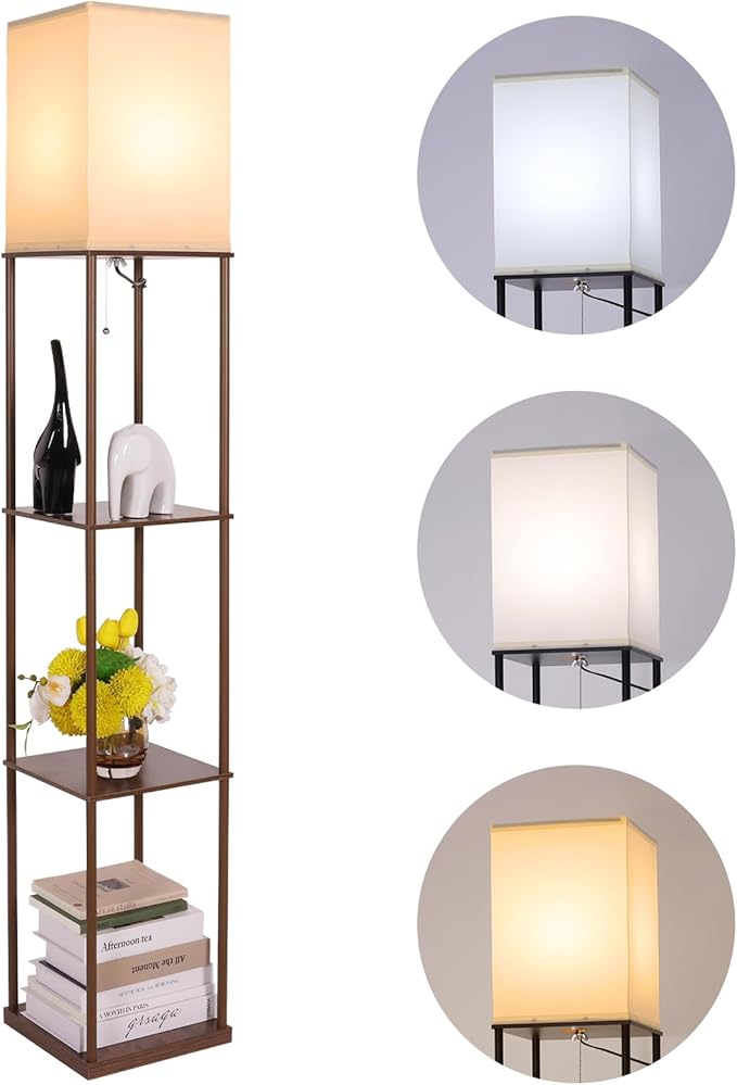 Gupuzm Floor Lamp with Shelves, Modern Square Standing Lamp with 3 Color Temperature Bulb, Corner Display Bookshelf Lamp for Living Room, Bedroom and Office (Brown-9)