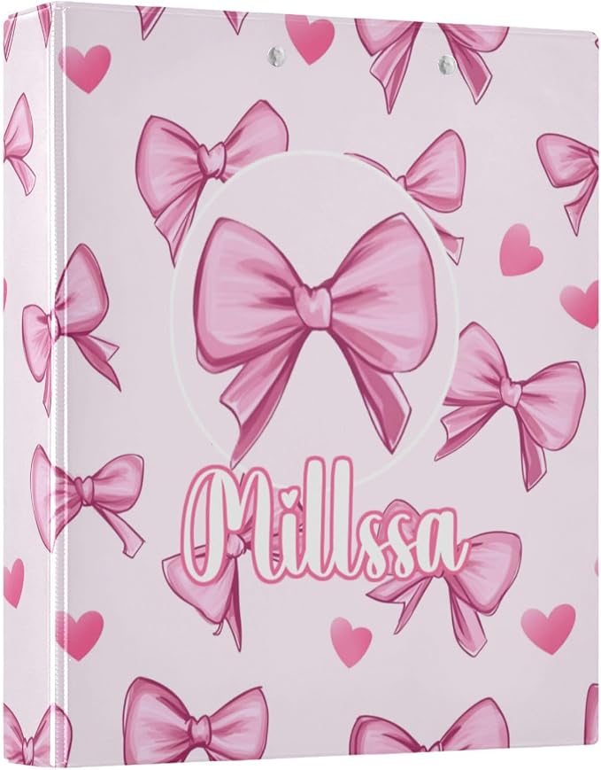 Pink Bows 3 Ring Binder with Clipboard Round Ring Binders Hearts Name Custom Binder 3 Interior Clear Pockets for Office Supplies 1 Pack