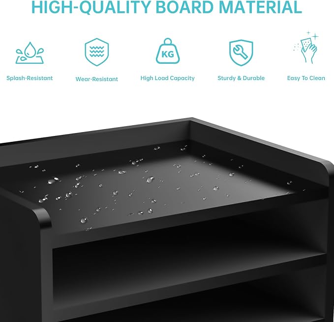 Multi-Tier Wood Desk File Organizer, 3 Tray Shelves & Adjustable Drawer - Space-Efficient Design for Efficient Office Setup, Reduces Desk Clutter (Black)
