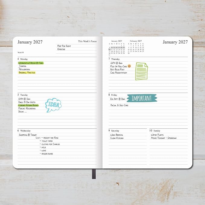2026-2027 Planner - Weekly and Monthly Planner, Oct 2026 - Dec 2027, Holidays, Contacts and Notes Pages, Vegan Leather Cover, Elastic Closure, 5.5"x8.25", Grey