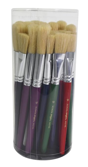 School Smart Stubby Ox Hair Paint Brushes for School and Arts and Crafts Use, Assorted Colors and Sizes, Bulk Set of 36