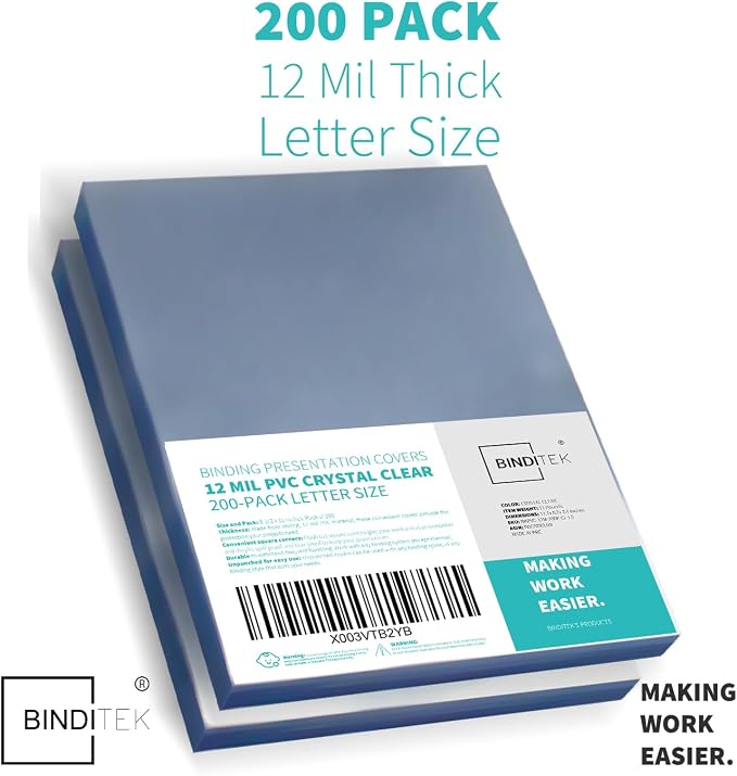Binditek 12 Mil PVC Binding Covers, 8.5 x 11 Inches, Clear, 200 Pack | Plastic Binding Covers, 8.5" x 11" Letter Size, Clear, Square Corners, Unpunched, Ideal for Business Reports and Proposals