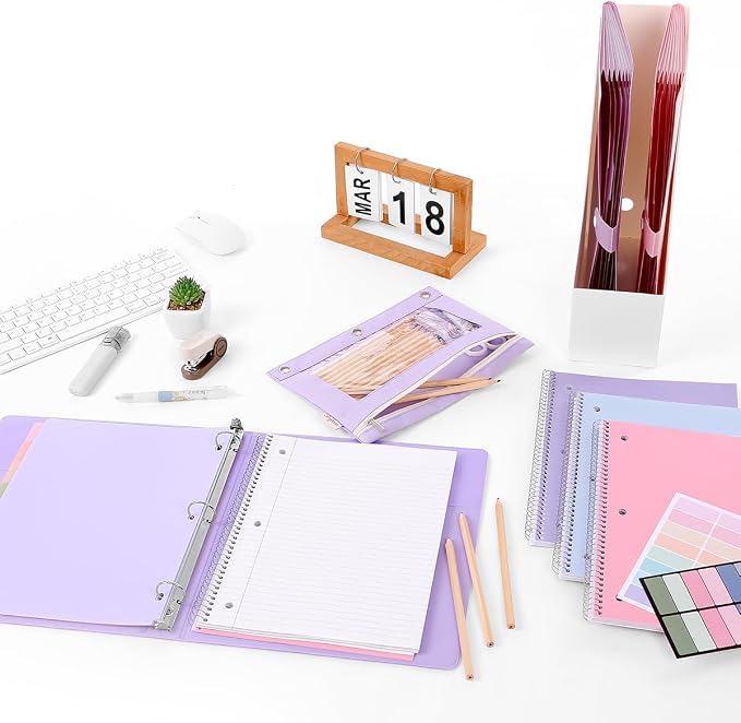 SKYDUE School Supplies Set – 1" 3-Ring Binder, 2 Expanding File Folders, 3 Spiral Notebooks, 8 Tab Dividers & Pencil Pouch – Cute Stationery for High School Stude, College Essentials Purple