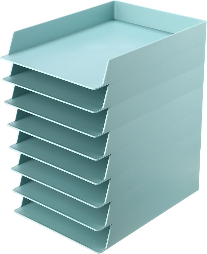 Tatuo 8 Pack Stackable Paper Trays Plastic Letter Tray Desk Organizer Paper Holder Organizer Storage Office Desk Accessories for Classroom Magazine File Documents 12.8 x 9.45 x 1.97, Blue Green