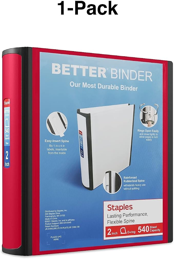 Staples Heavy-Duty 2-Inch D-Ring Binder, Red, Holds 540 Sheets | 3-ring binder with pockets for durable school and office document storage.