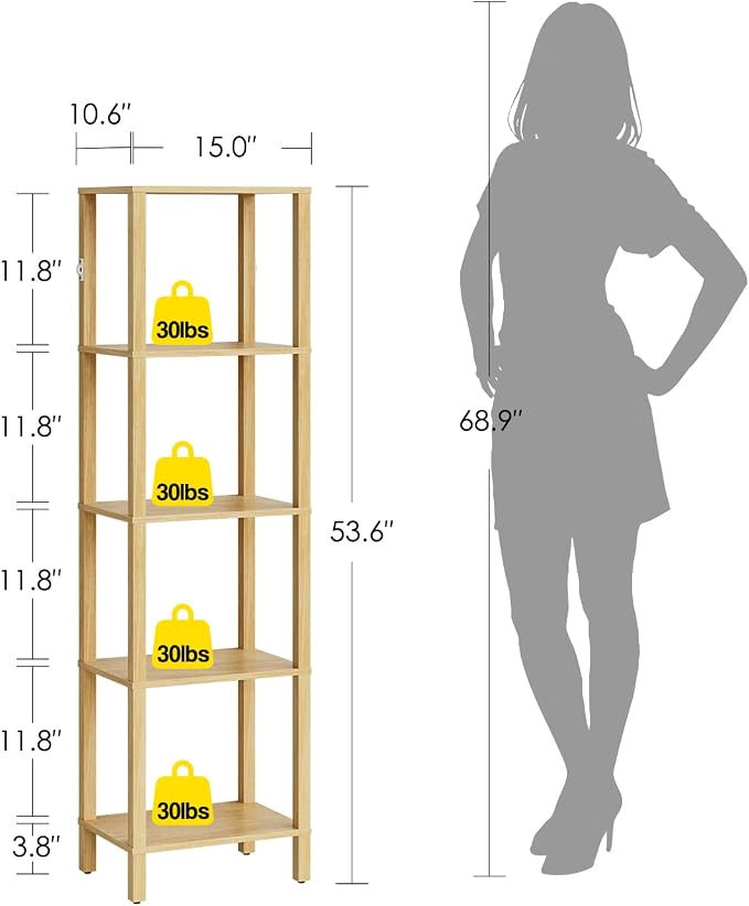 Open Book Shelf, 5 Tier Tall Bookshelf, Freestanding Shelf Narrow Bookcase with Open Shelves, 14.96" x 10.63" x 53.54", Book Shelves for Living Room, Office, Study, Oak
