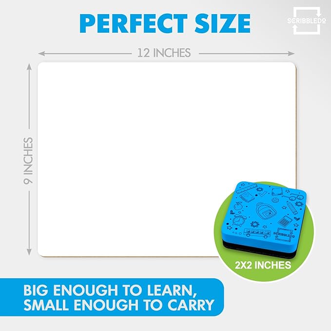 Scribbledo 6 Pack Small White Board Dry Erase Boards Classroom Pack Mini White Boards 9" x12” Personal Whiteboards for Students Teachers School Supplies Lapboards l 6 Mini Whiteboard Erasers Included