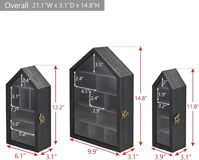 Ikee Design 3-Pc Wall-Mounted Wooden Display Case with Glass Doors | Shadow Cubby Box Display Shelf Wall-Mounted with Door Storage Display Case for Collectibles, Trinkets, Mini Figures, Black