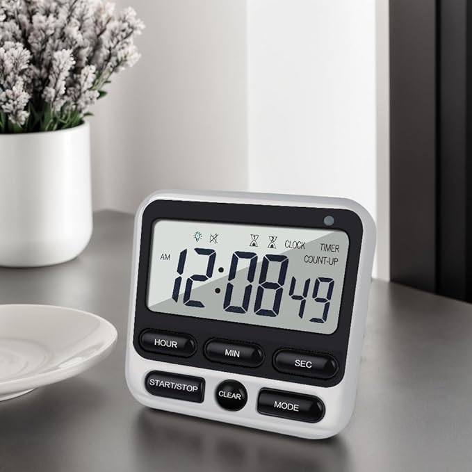 Digital Dual Kitchen Timer with Strong Magnet,24-Hour Countdown & Stopwatch,Loud Alarm,12/24 Hour Clock Switch,Calendar,Visual Indicator Light,Mute Option,3 Placement Options (Batteries Included)