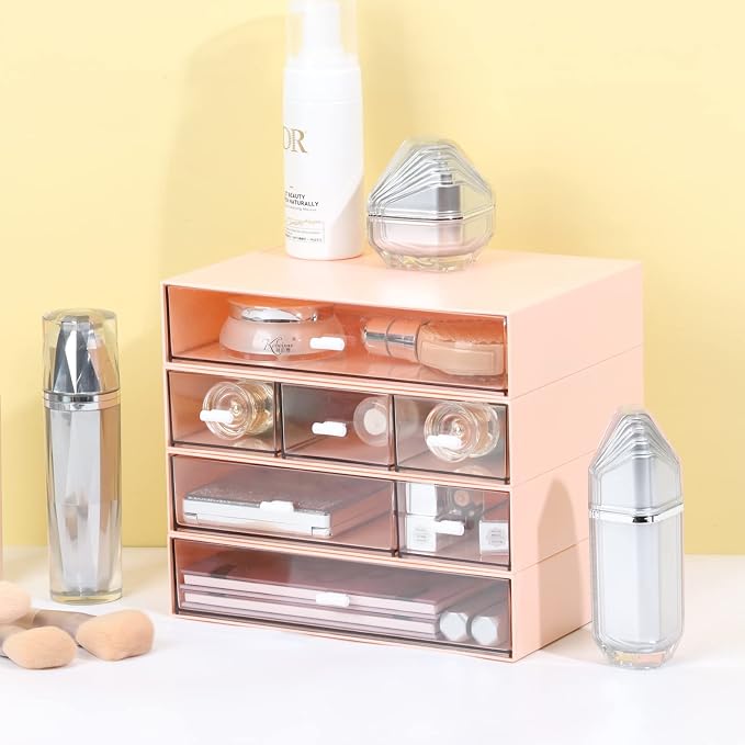 Stackable Storage Drawers, Office Desk Organizer with 7 Flat Drawers | Pink, Plastic Mini Desktop Storage Box, Tabletop Small Craft Drawer for Office Supplies, Makeup Desk Organizer and Accessory
