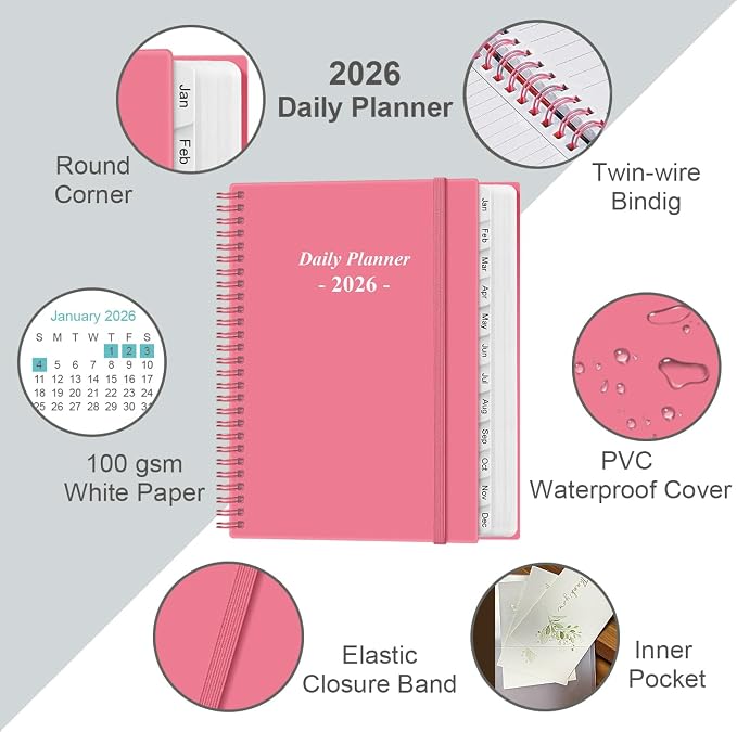 Daily Planner 2026 Full Page Per Day- 2026 Daily & Monthly Planner from January 2026 to December 2026, Day Planner 2026 with 12 Months Tabs, 8.5" x 11", Pink