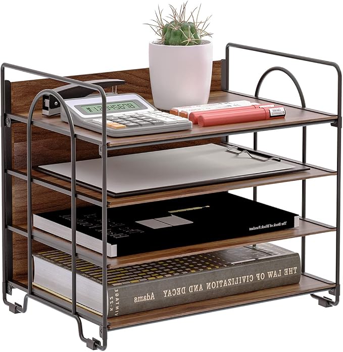 LUCYCAZ 4 Tier Paper Organizer for Desk,Wood Desk Organizer | Metal Paper Tray Organizer, File Organizer for Office Home School, Black