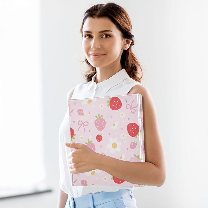 Bow Floral Cute Pink Strawberry Binder 1.5 Inch Binder with Clipboard&Pockets, Hardcover Binders 3 Ring, Heavy Duty Large File Folder for Office School Supplies - Holds 200 Sheets