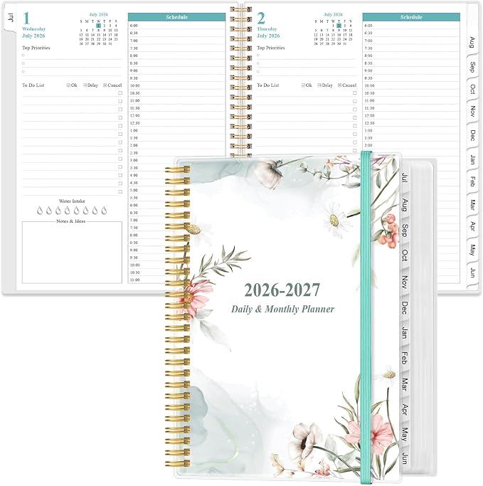 Daily Planner 2026-2027 Full Page Per Day- 2026-2027 Daily & Monthly Planner from July 2026 to June 2027, Day Planner 2026-27 with 12 Months Tabs, 8.5" x 11", Pink Flowers