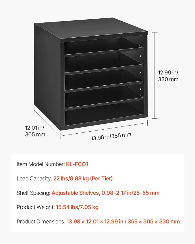 VEVOR Literature Organizer, 5 Compartments Office Mailbox with Adjustable Shelves, Wooden Mailbox Sorter with MDF, Countertop Office Home Classroom Storage Organizer for File, Document, Paper, Black