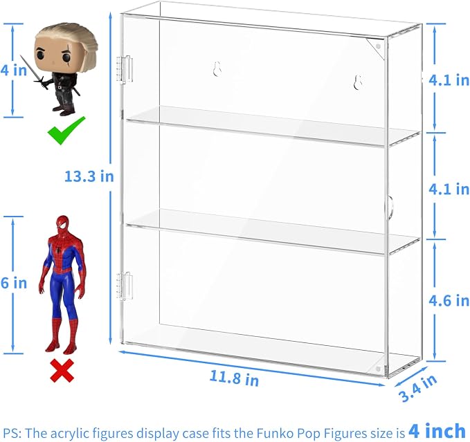 AITEE 3 Tiers Acrylic Display Case for Mini Funko Pop on Wall or Desktop | 11.8"Lx3.4"Wx13.3"H, dustproof, 3 tiers, wall mounted or desktop, showcases mini figures toys stones rocks Amiibo