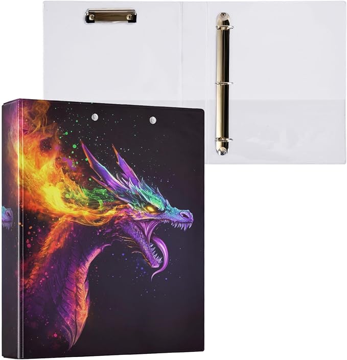 Fantasy Dragon Rainbow Fire Decorative 3 Ring Binder 1.5 Inch Large View Binders with Pockets Holds 200 Sheets File Organizer for Office College School, 2 Pack