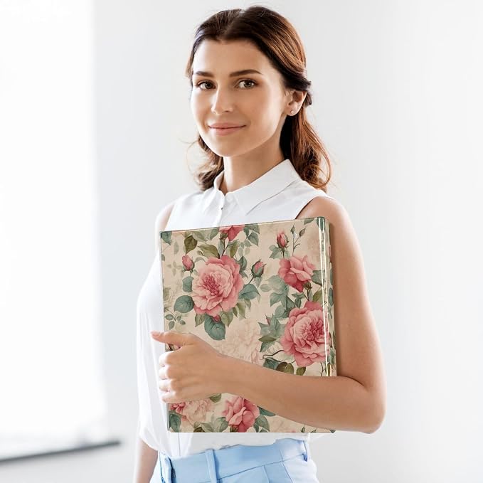 Vintage Pink Roses and Green Leaves 1.5 Inch Binder 3 Ring Decorative Cute Three Ring Binder with Anti-Slip Metal Clip Basic Binder Notebook for School Supplies, 1 Pack