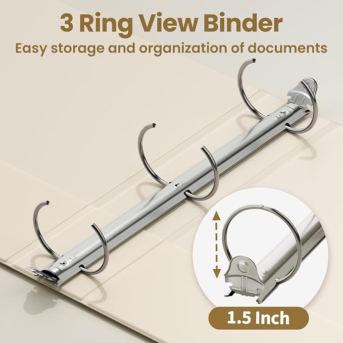 SUNEE 3 Ring Binder 1.5 Inch 4 Pack, Clear 1 1/2 Inch View Binder Three Ring PVC-Free (Fit 8.5x11 Inches) for School or Office Supplies, Neutral Aesthetic