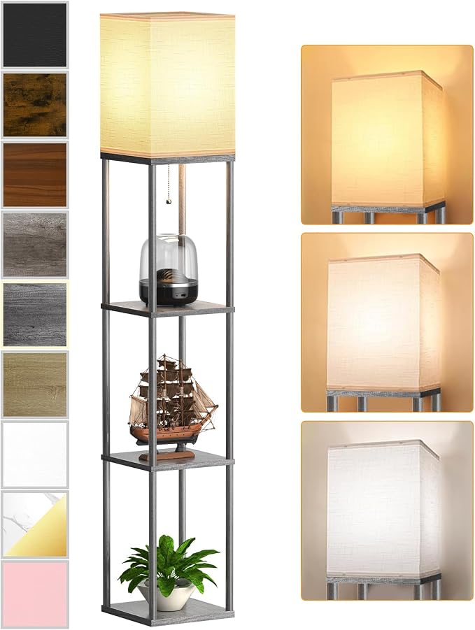 Floor Lamp with Shelves for Living Room, Shelf Floor Lamp with 3 CCT LED Bulb, Corner Display Standing Column Lamp Etagere Organizer Tower Nightstand with White Linen Shade for Bedroom, Dark Gray