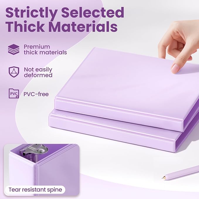 SUNEE 3 Ring Binder 1/2 Inch D Ring, Clear View Binder Three Ring PVC-Free (Fit 8.5x11 Inches) for School or Office Supplies, Light Purple, 1 Pack