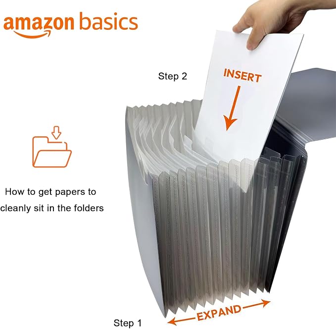 Amazon Basics Expanding File Folder, Document Organizer with 13 Pockets, Letter Size, Waterproof, Black & Gray, 12-Pack