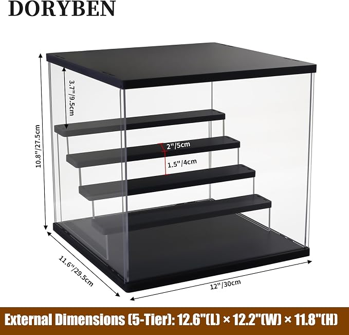 Acrylic Display Case with Adjustable LED Light, 5 Tier Clear Display Box Dustproof Showcase for Action Figures, Collectibles and Mini Toys, Assembly Display Cabinet(Black 12.5×12.2×11.8in)