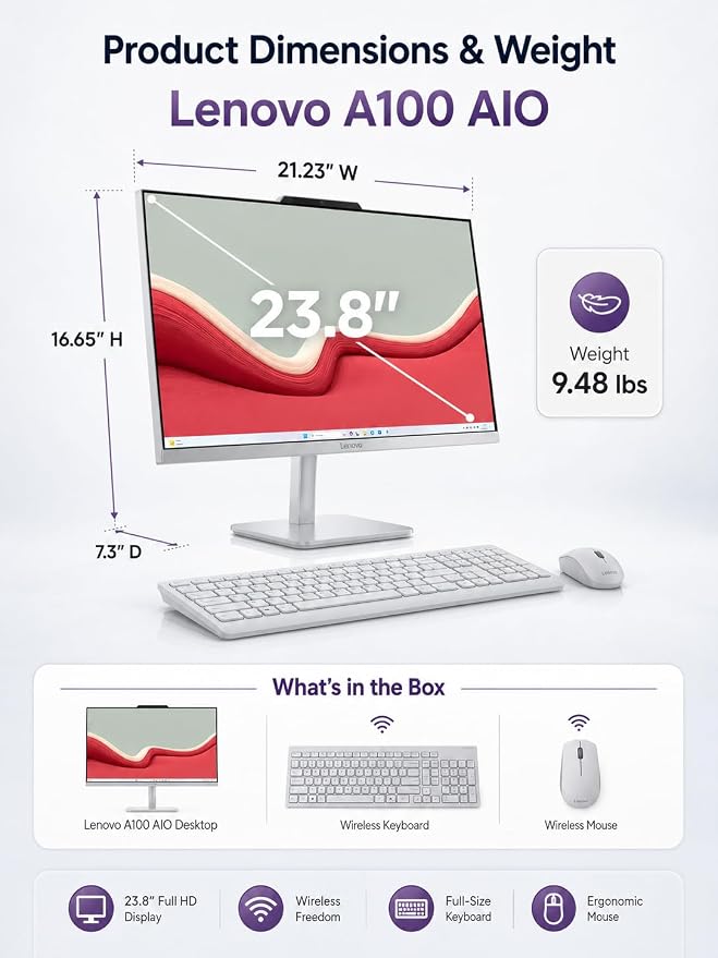 Lenovo 24" All-in-One Desktop Computer, Intel N100 Processor, 16GB RAM, 512GB SSD, FHD Display, Space-Saving Design for Home, Office &Business, Wi-Fi 6, HDMI Out, Windows 11, Wireless Keyboard & Mouse