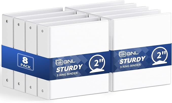 GNL 2 Inch 3 Ring Binders Economy 8 Packs White, 2" Three Ring (Fits 450 Sheets of 8.5x11 Paper) Clear View PVC-Free & Non-Stick for School or Office Supplies