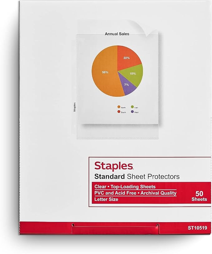 Staples Medium‑Weight Sheet Protectors, Clear, Archival‑Safe, Top‑Loading Design, Fits Standard 3‑Ring Binders, 150/Carton