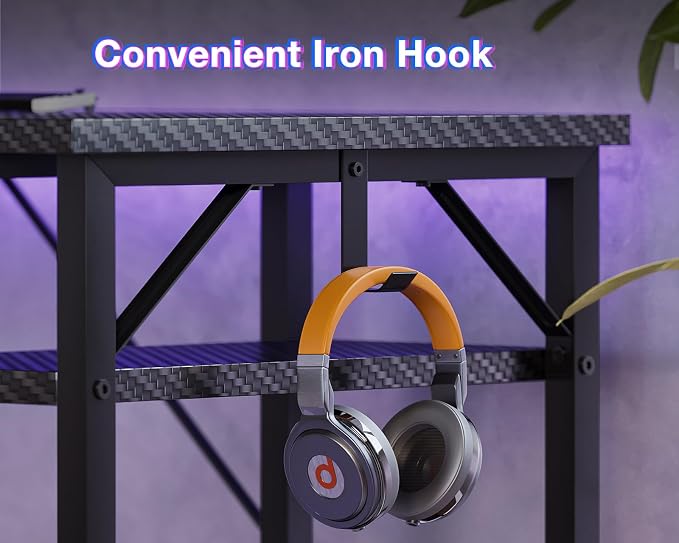 ODK 53 Inch L Shaped Gaming Desk with Hutch & Headphone Hook | Black Corner Computer Table with LED light & Storage Shelves for Home Office