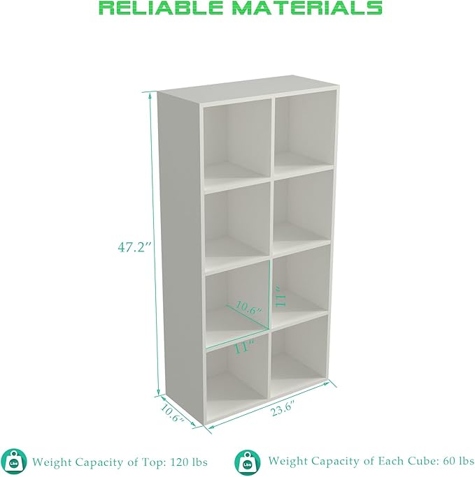 8-Cube Storage Shelf Bookcase, Warm White | Wooden 4-Tier Open Bookshelf, Fits 11×11" Bins, Vertical or Horizontal Use, Full Back Panels, For Home Office