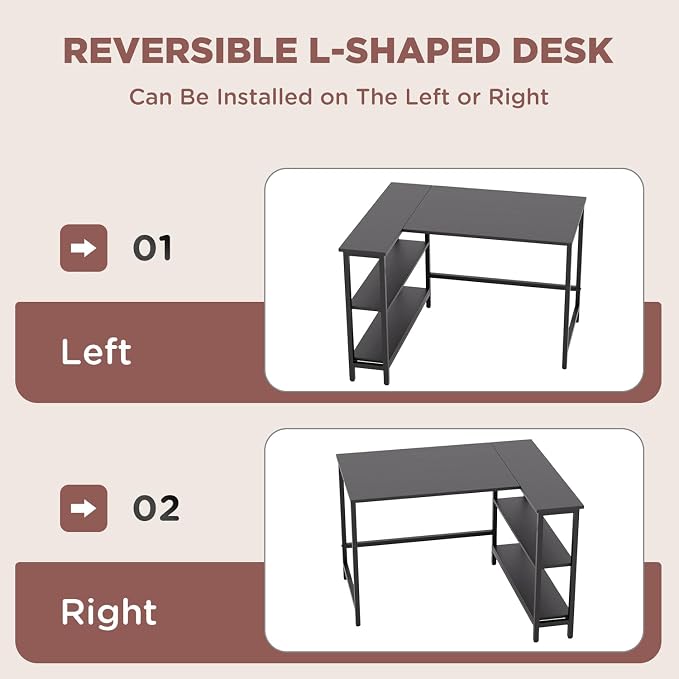 FDW L-Shaped Gaming Desk 43 Inch Computer Desk Corner Desks with Reversible Side Storage Shelves Study Desk Metal Frame PC Work Table for Home Office Dorm Sturdy Writing Workstation, Black