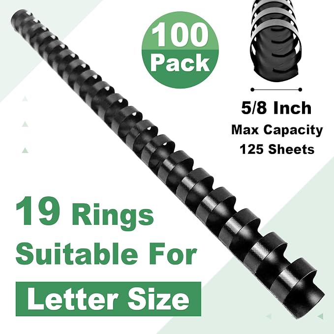 HOUYEE 100 Pack 5/8 Inch Plastic Binding Combs Spines, 19 Rings, Black | 16 mm Binder Combs for Letter Size Paper, 125 Sheets Capacity , for Book Binder Office School Supplies