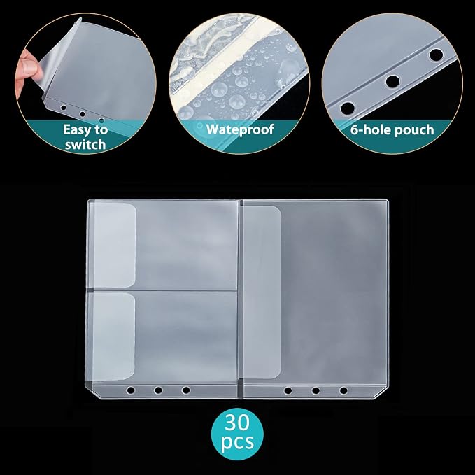 30pcs A5 Binder Pocket no Zipper Budget Planner Inserts Bulk Clear Budget Binder Organizer Cash Envelopes for Budgeting Waterproof PVC Loose Leaf Bags Card Sleeves for 6 Ring Notebook