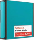 Staples Heavy-Duty 3-Inch D-Ring Binder, Teal, Holds 600 Sheets | Large-capacity 3-ring binder with interior pockets for document storage.